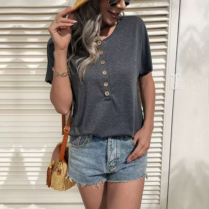 Casual Womens Short Sleeve Top Solid Color European Style Lightweight Fabric Summer Wear Wholesa