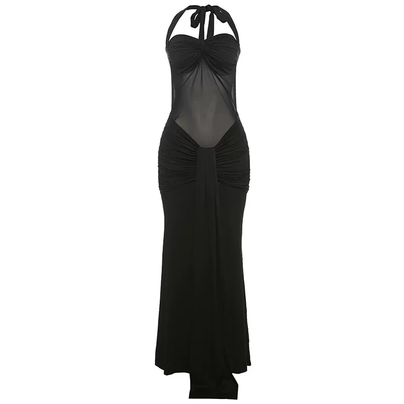 Chic Womens Maxi Dress Halter Neck Sheer Mesh Solid Color Flowing Design Perfect for Parties and
