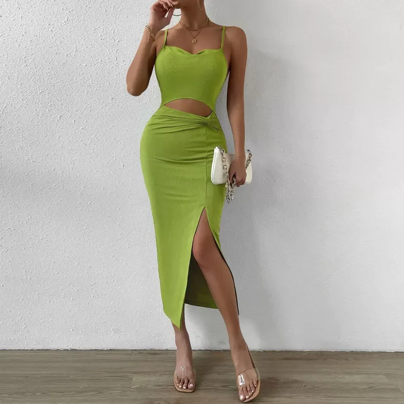 Hollow Out Split Hem Bodycon Knit Dress Adjustable Spaghetti Straps Figure Hugging Fit Sexy Styl