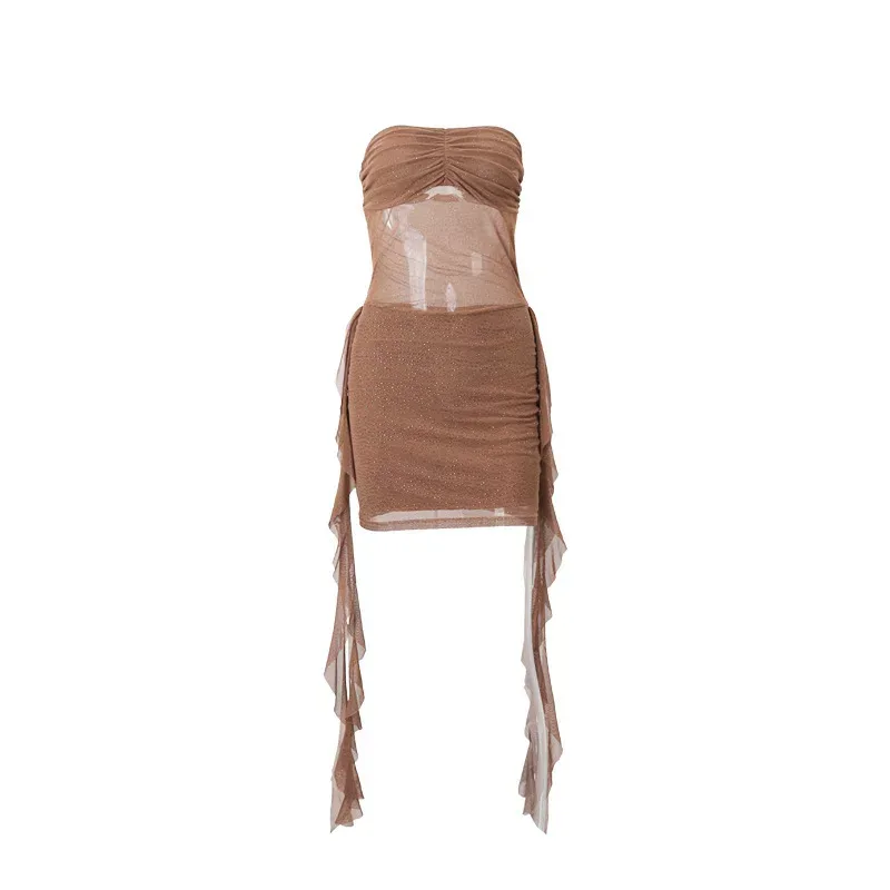 Chic Sheer Mesh Dress Sexy Strapless Design with Starry Rhinestone Accents Perfect for Winter Pa