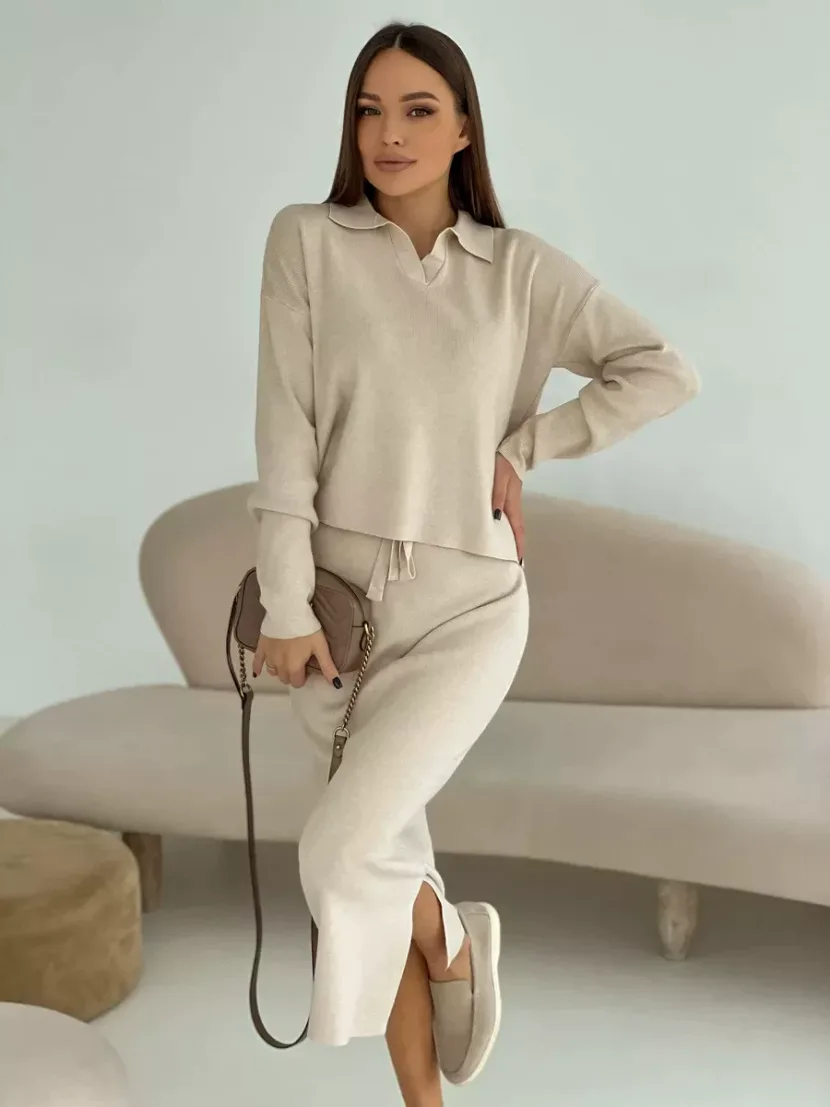Knitted Two Piece Set Soft Chenille Yarn Split Sweater Tied Midi Skirt Autumn Winter Fashion Who