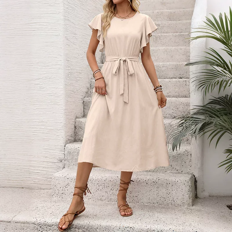 Casual Solid Color A Line Dress Flutter Sleeves Round Neck Tie Waist Perfect for Vacation or Sum