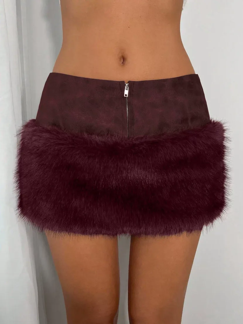 Bodycon Mini Skirt Faux Fur Patchwork Low Waist Sexy Fit Night Out Party Wear Ready to Ship