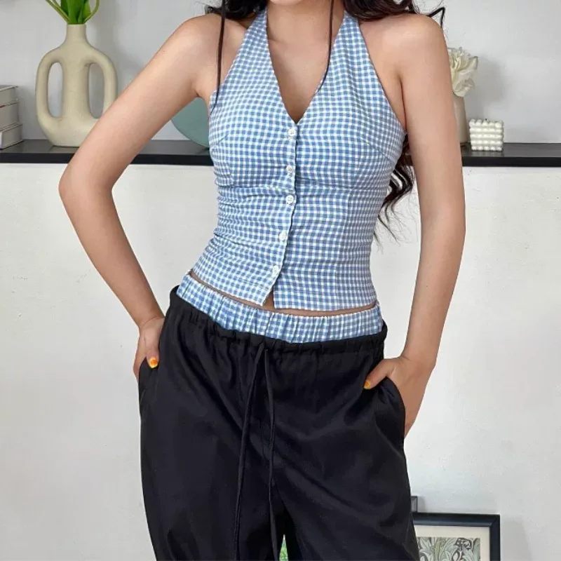 Vintage Plaid Halter Top and Loose Fit Trousers Set Sweet Style Casual Summer Wear Available in