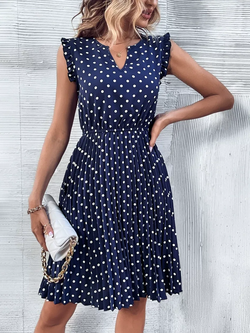 Polka Dot Ruffled Dress V Neck Short Sleeve Lightweight Fabric Casual Summer Wear Wholesale Avai