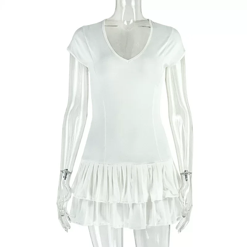 A Line Ruffle Dress Slim Fit Solid Color Short Sleeve U Neck Summer Fashion for Women Wholesale