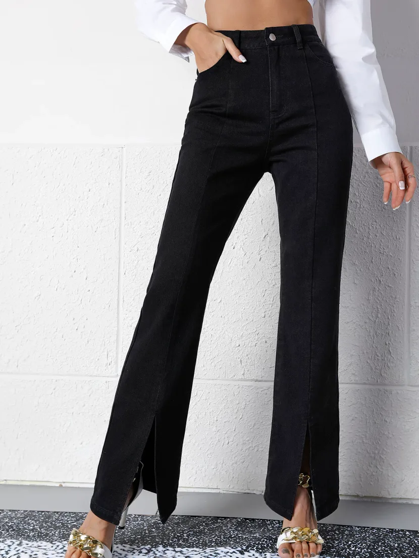 High Waisted Wide Leg Split Hem Jeans Casual Slim Fit Comfortable Fabric Womens Fashion Wholesal
