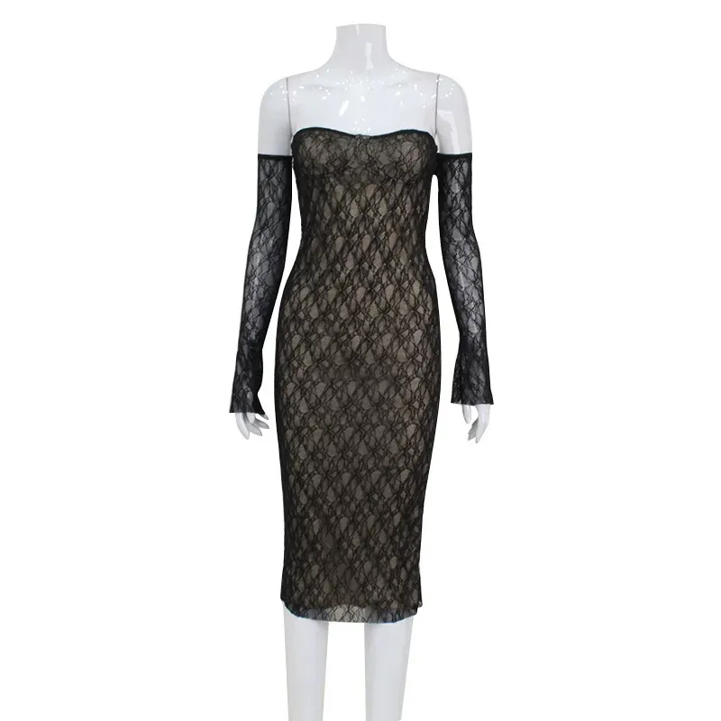 Summer Lace Strapless Bodycon Dress Elegant Fit Sexy Design with Sleeves Perfect for Parties and