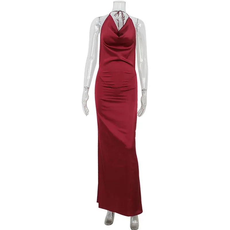 Backless Satin Midi Dress Deep V Neck Halter Neck Slim Fit Elegant Wine Red Cocktail Party Eveni