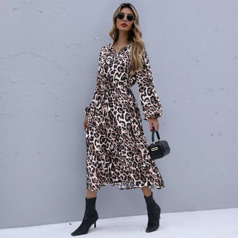 Leopard Print Midi Dress Long Sleeve Autumn Winter Style Trendy Design Wholesale Available custo