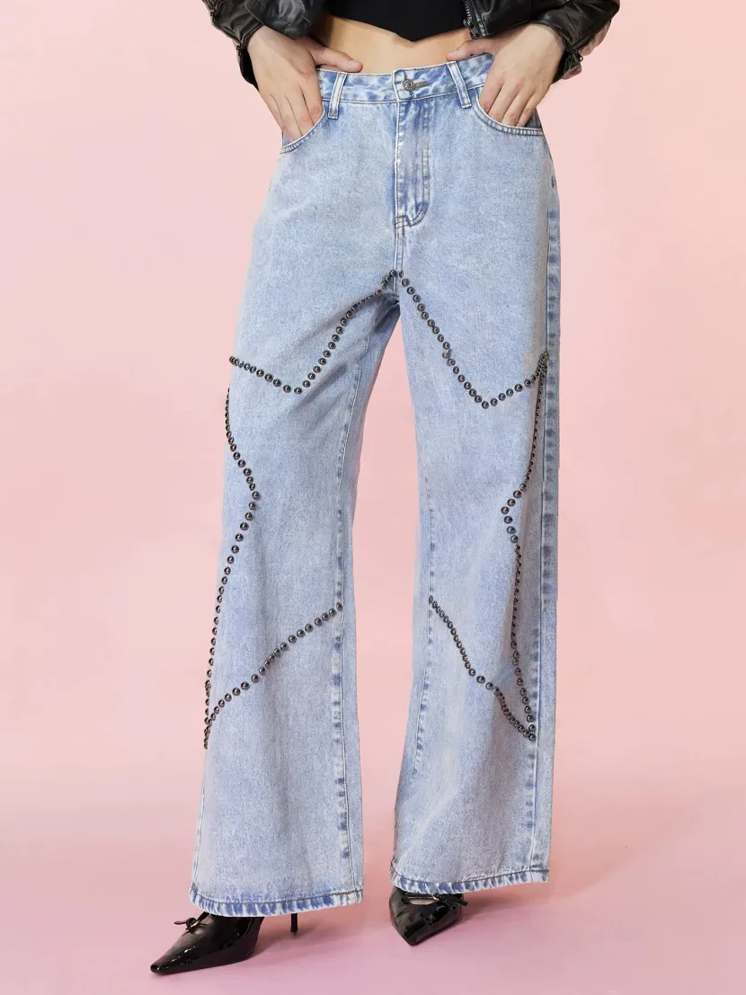 Loose Fit Vintage Beaded Denim Pants Womens Casual Style European and American Fashion Wholesale