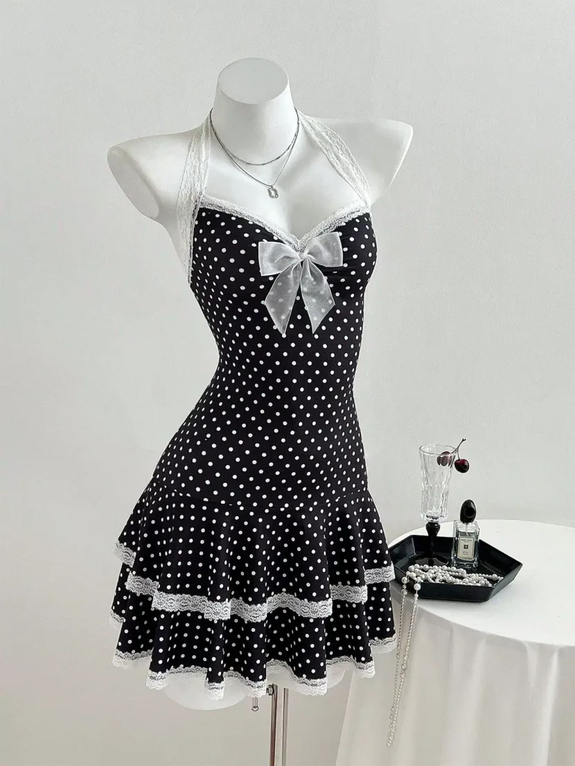 Lace Trim Polka Dot A Line Dress Adjustable Spaghetti Straps Waist Cinching Elegant Style Perfec