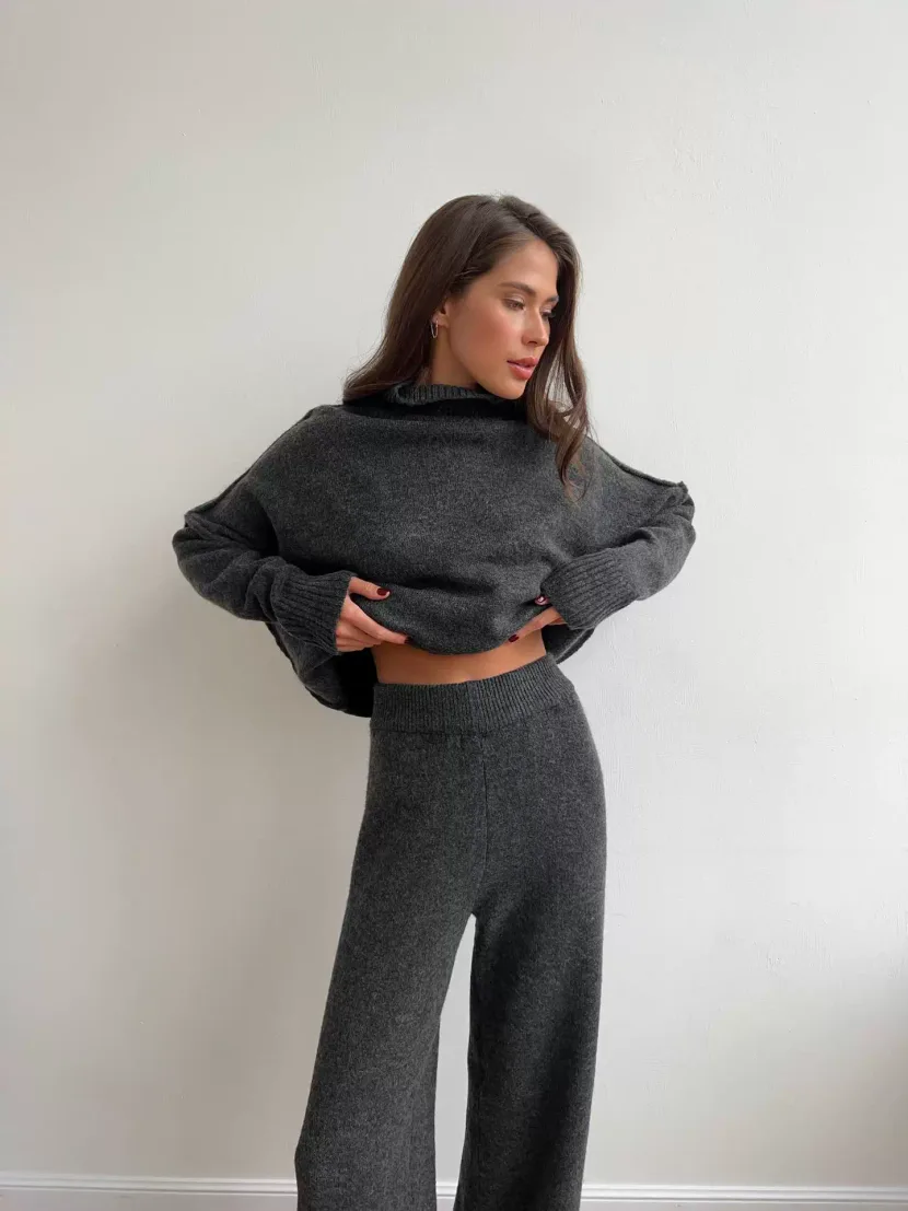 Womens Oversized Turtleneck Split Wool Sweater Set Cozy Knit Fabric Casual Style Perfect for Fal