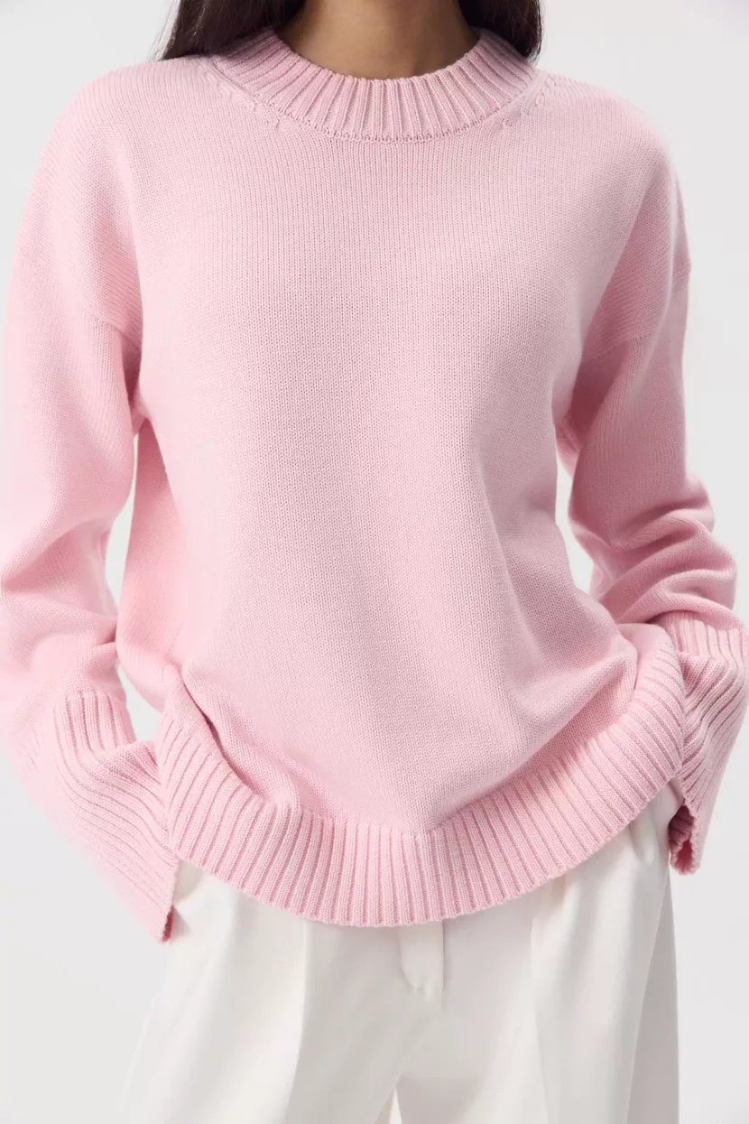 Loose Fit Round Neck Cotton Sweater for Women Solid Color Knitted Long Sleeve Spring and Autumn