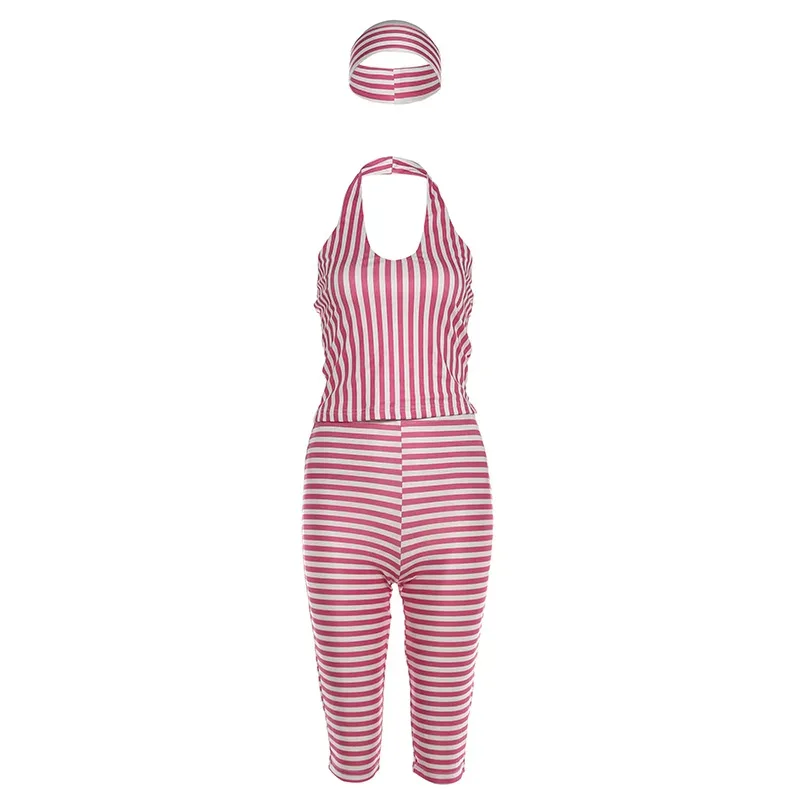 Womens Vintage Striped Halter Neck Backless Crop Top and Shorts Set Summer Casual Wear Available in Pink Yellow Gray