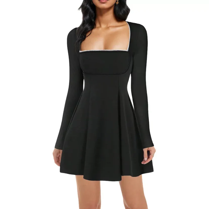 Elegant Black A Line Dress for Women Long Sleeve Lace Trim Slim Fit French Style for Spring and