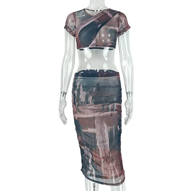 Casual Color Block Printed Dress Set for Women Short Sleeve Round Neck Bodycon Fit Trendy Summer