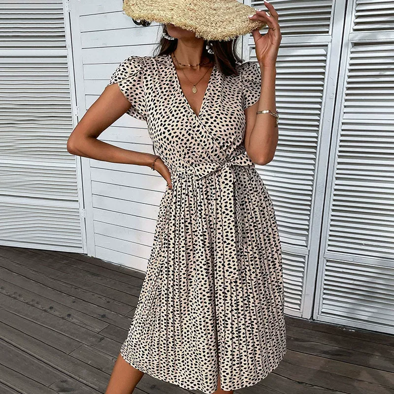 Plus Size Leopard Print V Neck Beach Dress Summer Vacation Style Comfortable and Stylish Wholesa