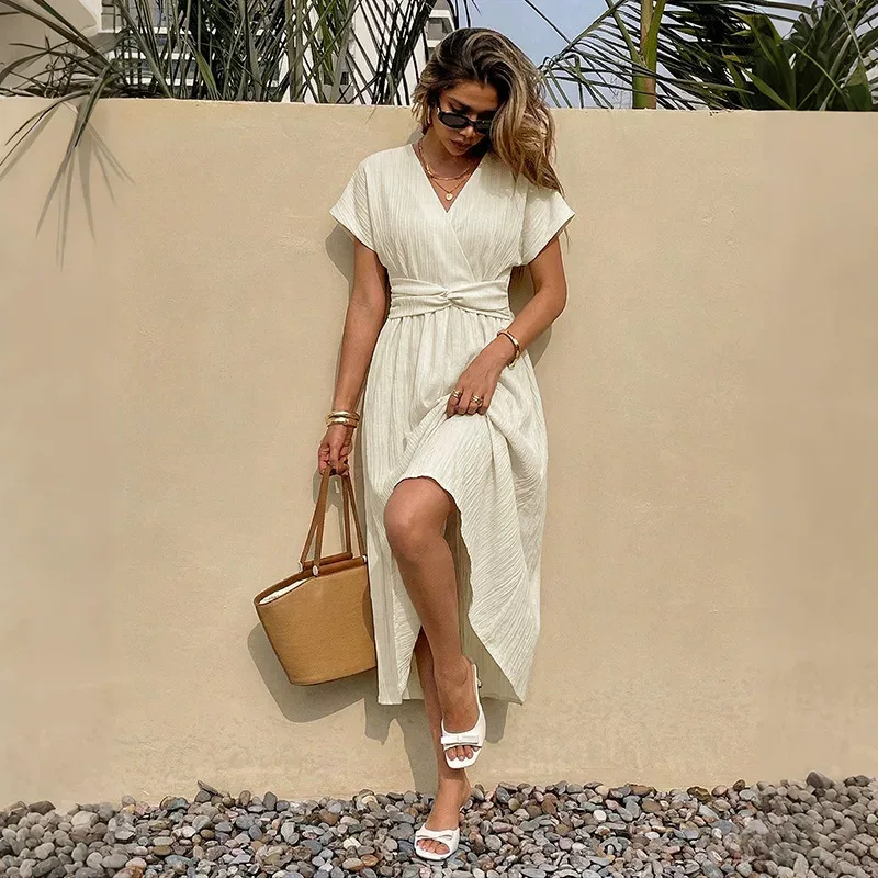 Vacation Style Maxi Dress Solid Color Textured Fabric V Neck Flutter Sleeves Perfect for Summer