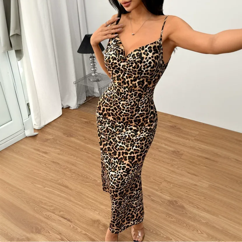 Sexy Leopard Print Maxi Dress Spaghetti Straps Backless Flowy Design Summer Vacation Wear Wholes