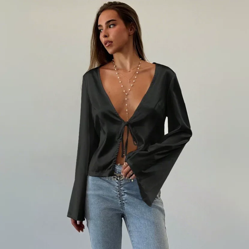 Loose Satin Tie Front Cardigan T Shirt Sexy Style Spring Summer Fashion Womens Apparel Wholesale
