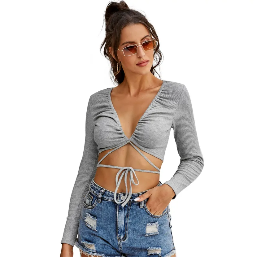 Casual Womens T Shirt Slim Fit Sexy V Neck Drawstring Design Trendy Everyday Wear Wholesale Avai