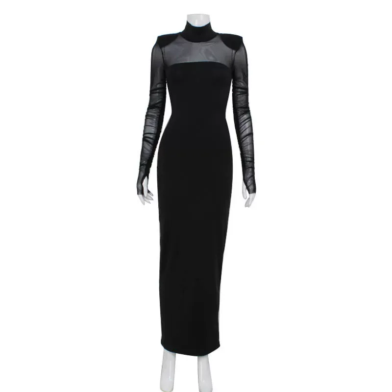 Elegant Womens Long Dress Half Turtleneck Sheer Mesh Panels Fitted Silhouette Solid Color Should