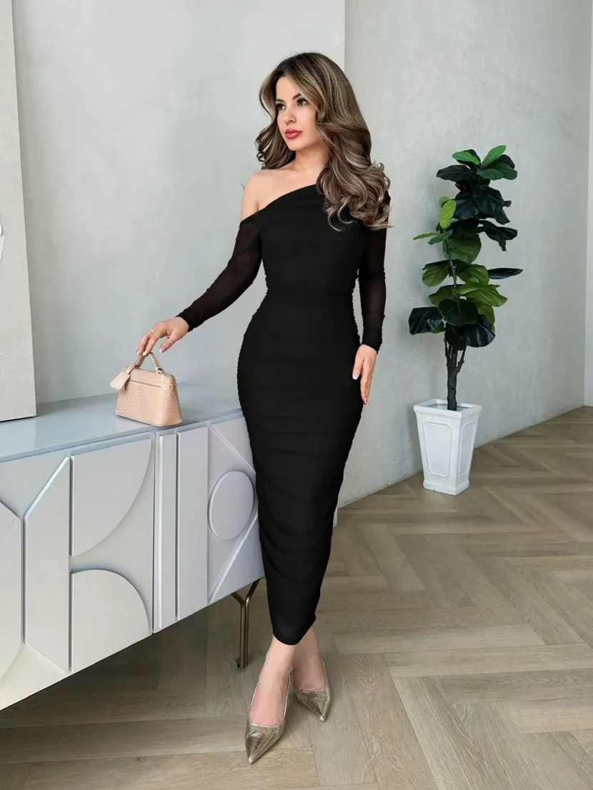 Asymmetrical Shoulder Long Sleeve Dress Ruched Waist Bodycon Fit Elegant Black Mesh Fabric