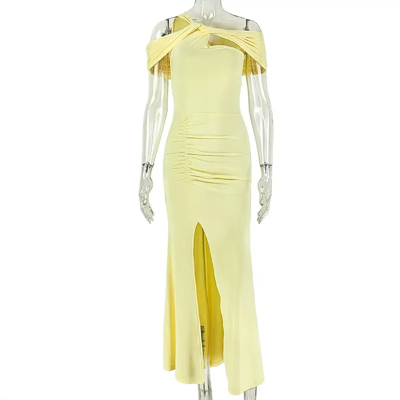 Slim Fit Solid Color Long Bodycon Dress with Asymmetrical Design Off Shoulder Neckline Split Det