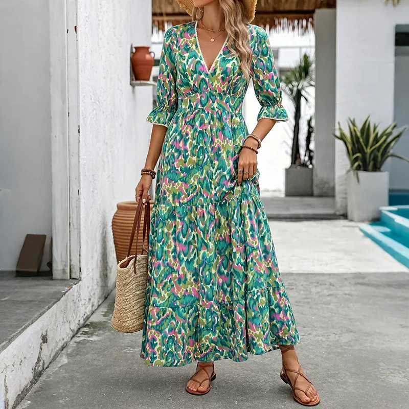 Abstract Print V Neck Midi Cake Dress Ethnic Style Short Sleeve Vacation Ready Wholesale Availab