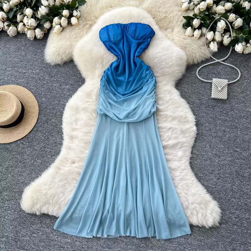 Strapless Mermaid Dress for Women Summer Elegant Gradient Color Ruffled Waist Mesh Fabric