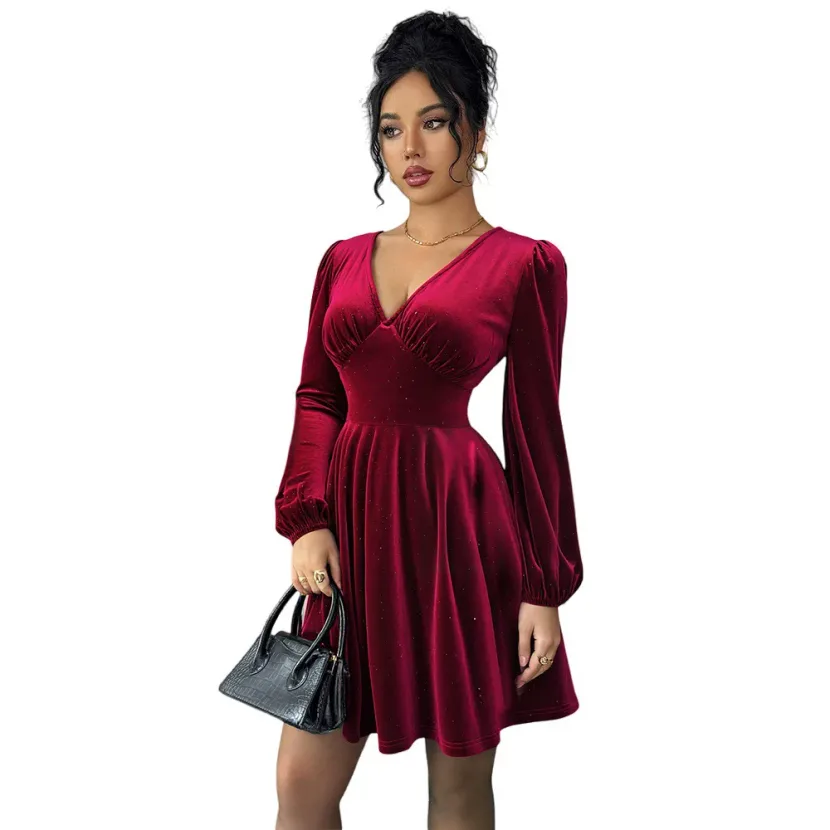 Vintage Style Burgundy Velvet A Line Dress V Neck Lantern Sleeves Slim Fit Ruffled Cocktail Part