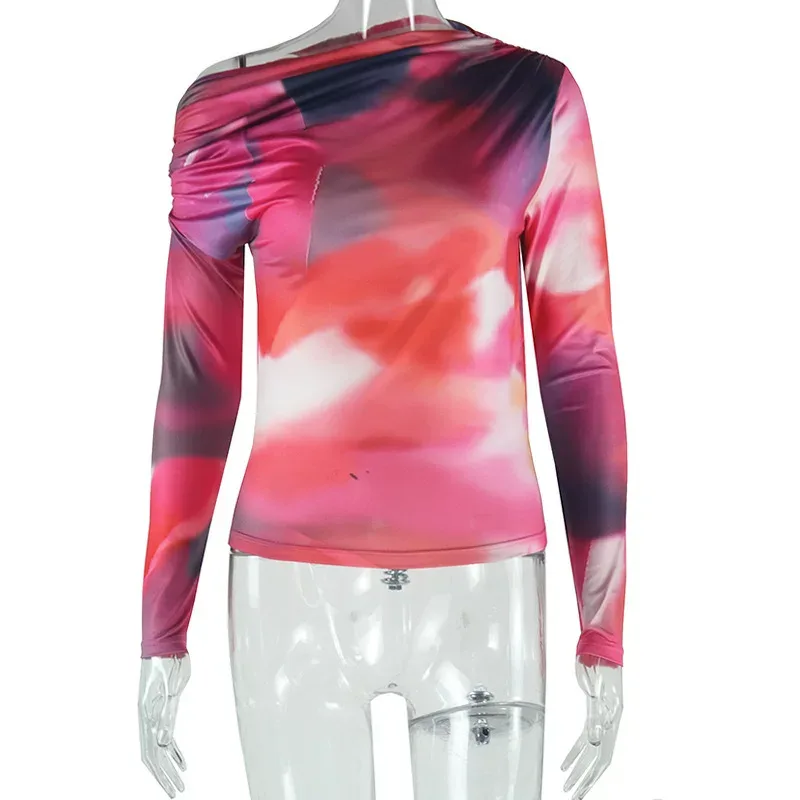 Fashionable Printed Long Sleeve Top Off Shoulder Design Versatile Street Style Womens Casual Wea