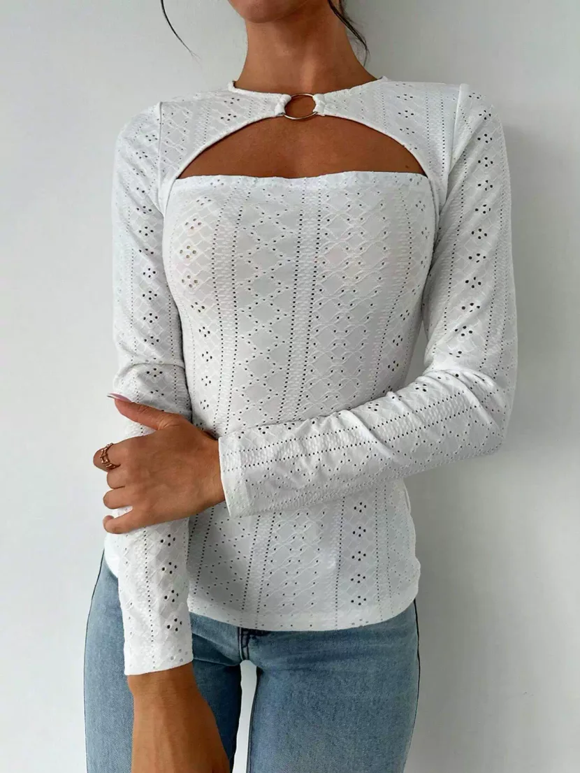 Elegant Womens T Shirt Minimalist Design Lace Hollow Out Long Sleeve Spring Summer Fashion Versa
