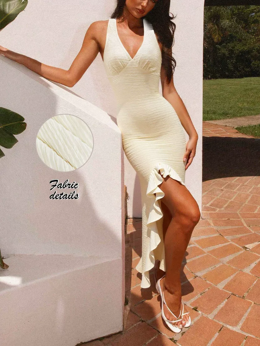 Elegant Summer Deep V Neck Ruffled Hem Bodycon Dress Sexy Backless Design Perfect for Vacation o