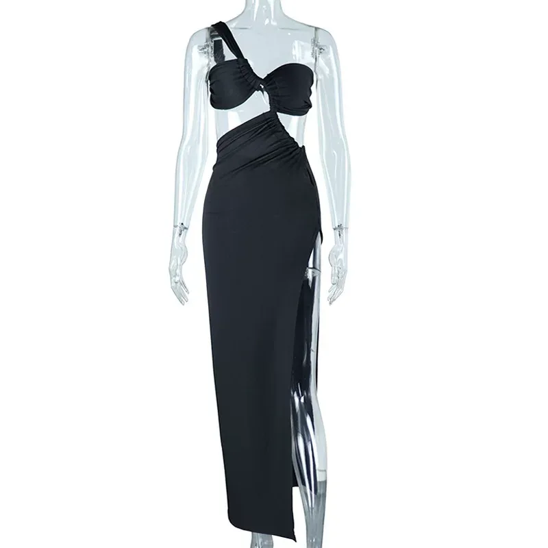 Sleeveless Asymmetrical Dress Solid Color Sexy Backless Long Length Ruched Design Side Slit Even