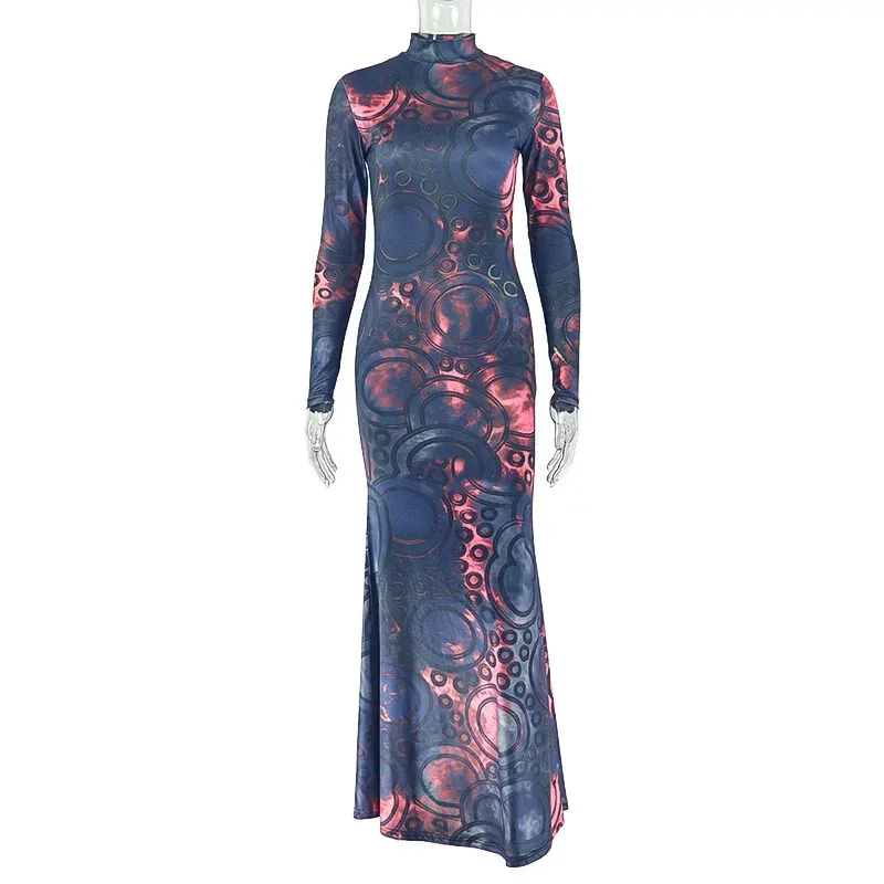 Color Block Printed Bodycon Dress for Women Long Sleeve Slim Fit Elegant Style Perfect for Parti