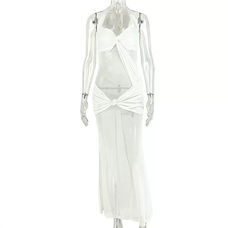 Backless White Maxi Dress Halter Neck Bodycon Fit Summer Fashion Elegant Evening Gown Wholesale Available