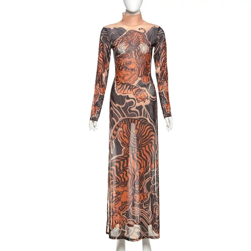 Womens Spring Fashion Unique Street Style Printed Mesh Half Turtleneck High Slit Long Top Wholes