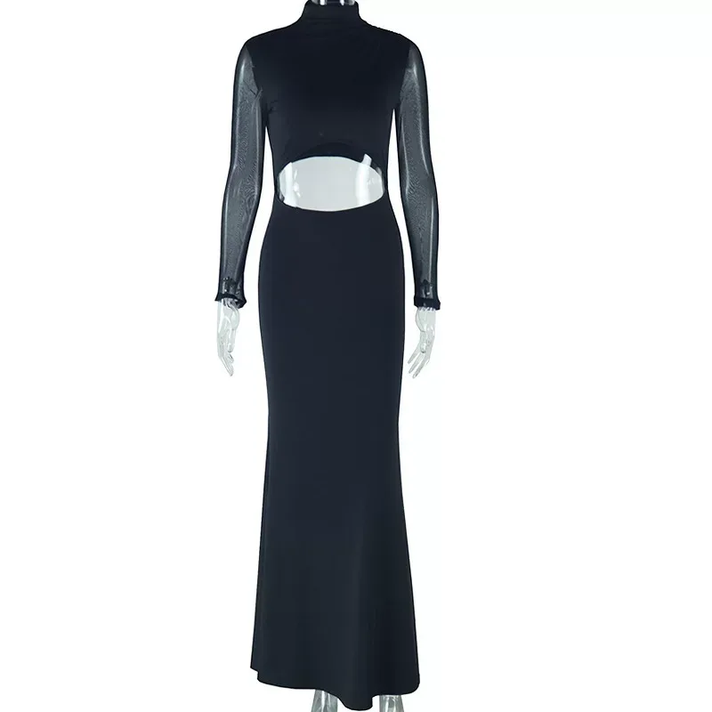 Fashionable Womens Solid Color Dress Sheer Mesh Paneling Long Sleeve High Neck Elegant Fit Perfe