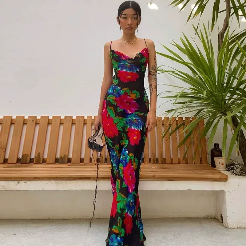 Vintage Floral Maxi Dress Sleeveless Flowy Sexy Neckline Summer Beach Vacation Wear Wholesale Av