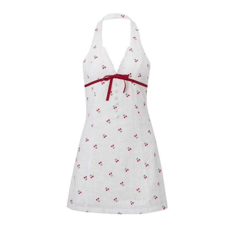 Chic Deep V Backless Cherry Print Dress Sweet and Spicy Style Perfect for Winter Parties Wholesa