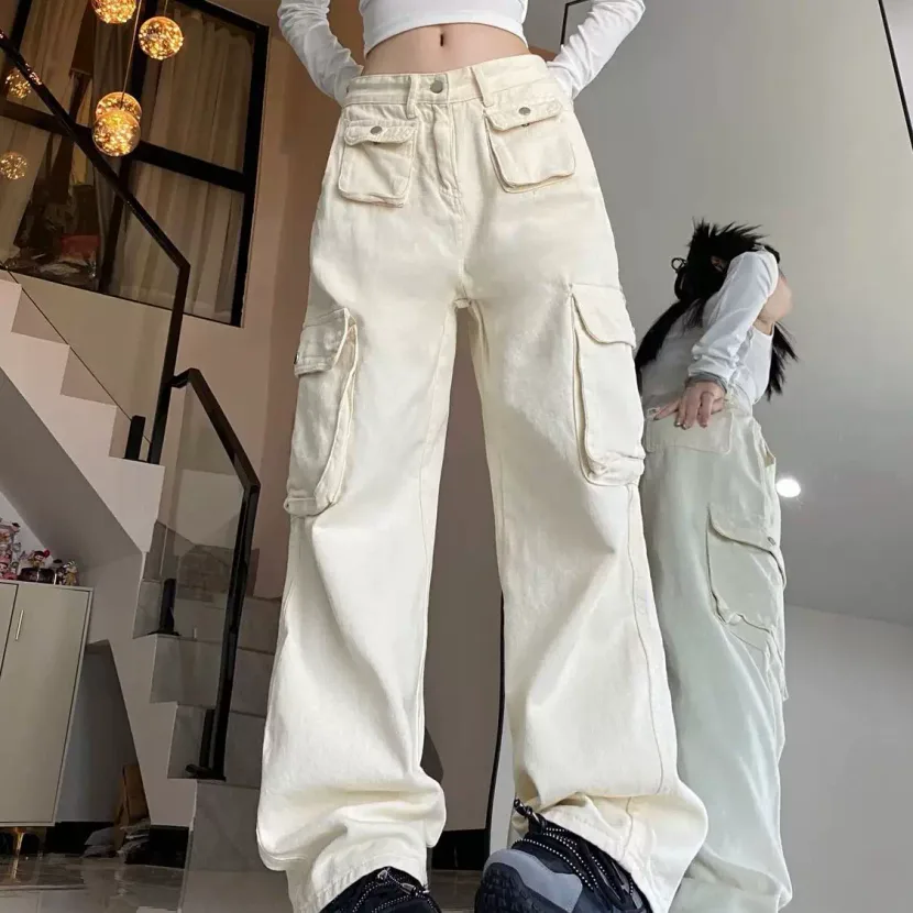 美式高街白色工装裤女秋季新款设计感多口袋宽松显瘦阔腿长裤子潮