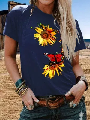 Plus Size Womens Short Sleeve T Shirt Sunflower Butterfly Print Casual Round Neck Top Wholesale