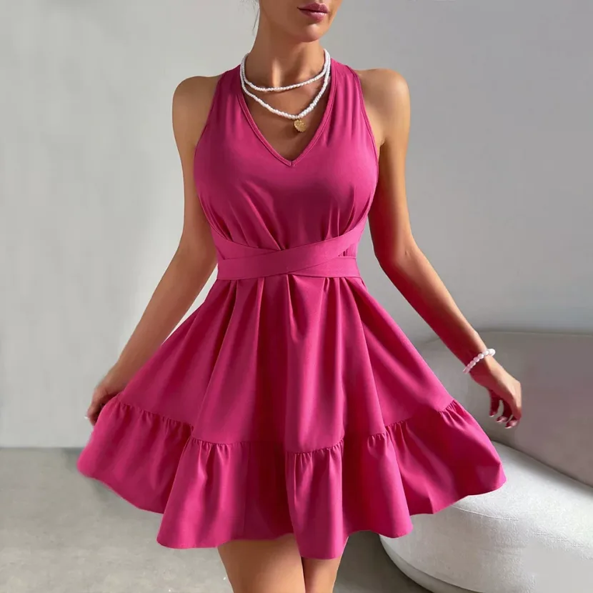 Backless A Line Mini Dress High Waist Halter Neck Summer Fashion Perfect for Parties and Night O