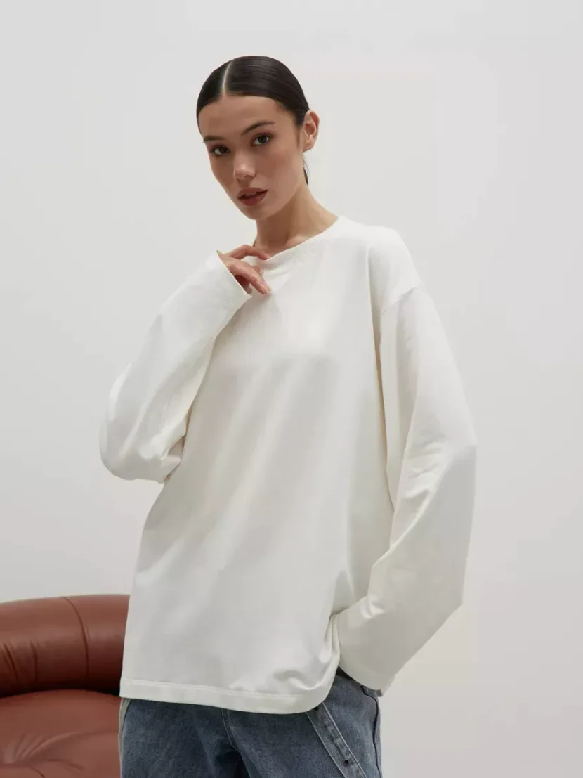 Womens Long Sleeve T Shirt 260g Combed Cotton Solid Color Loose Fit Casual Style High Quality Re
