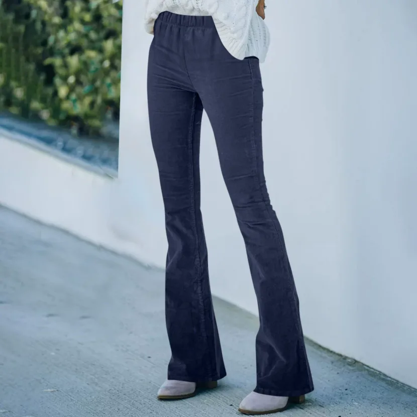 High Waisted Corduroy Slim Fit Flare Pants Solid Color Elastic Waist Casual Style Spring Summer