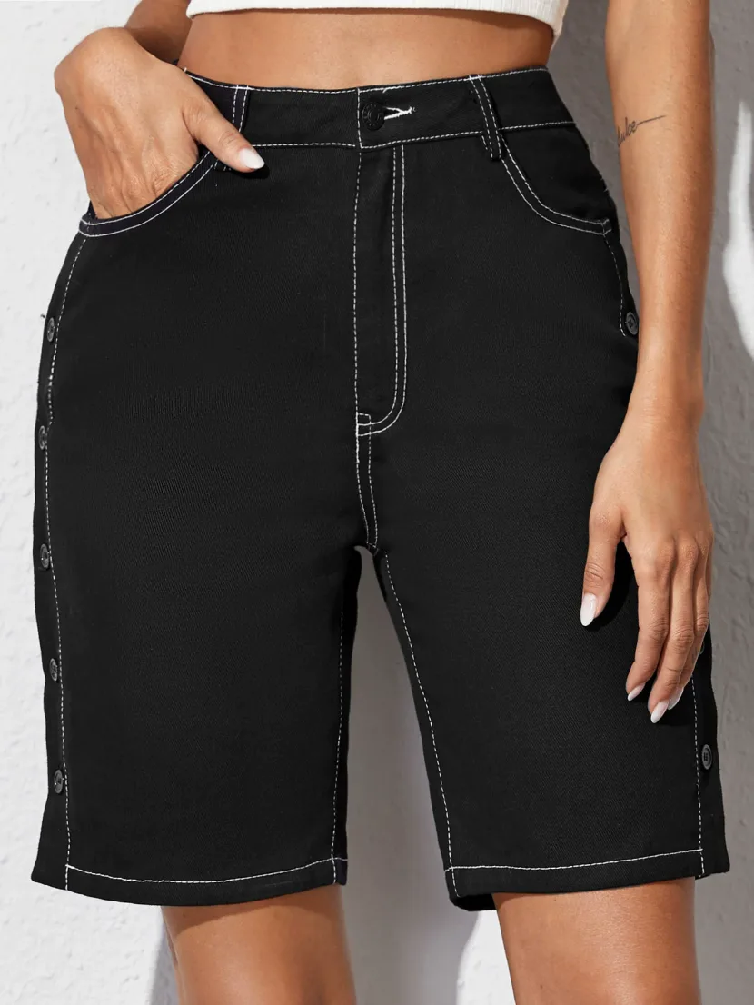 High Waisted Denim Shorts Button Detail Straight Cut Fashionable Spring Summer Casual Wear Whole