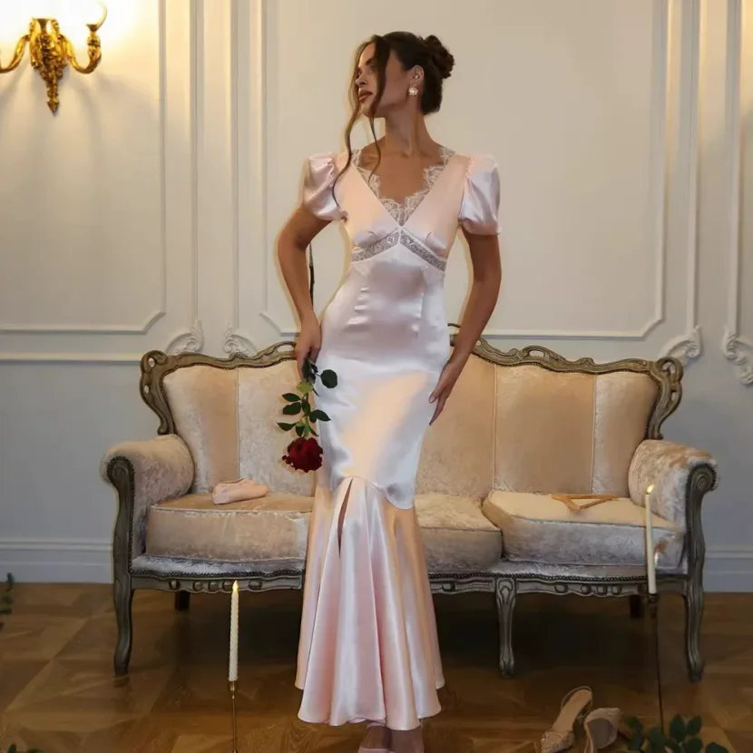 Elegant Mermaid Dress V Neck Lace Panel Bodycon Fit French Court Style for Formal Events Wholesa