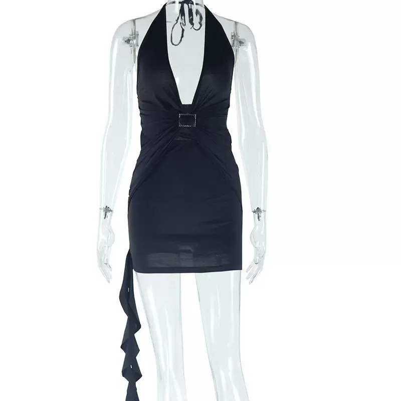 Elegant Deep V Neck Halter Dress Solid Color Backless Bodycon Fit Perfect for Parties and Specia